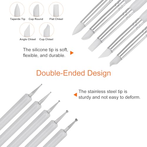 HARFINGTON 5 Pcs Silicone Clay Sculpting Tool Double-Ended Rubber Tip Metal Ball Silicon Shaper Pens Modeling Stylus Dotting Tool for DIY Handicraft Sculpture Pottery Painting, White - color: White