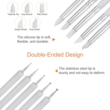 HARFINGTON 5 Pcs Silicone Clay Sculpting Tool Double-Ended Rubber Tip Metal Ball Silicon Shaper Pens Modeling Stylus Dotting Tool for DIY Handicraft Sculpture Pottery Painting, White - color: White