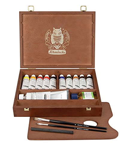 Schmincke - MUSSINI® Finest Resin Oil Colors Premium Wooden Box Oil Painting, 10 x 35 ml Set, 70 213 097, Walnut Tinted, White 150 ml - size: 10 x 35 ml + accessories