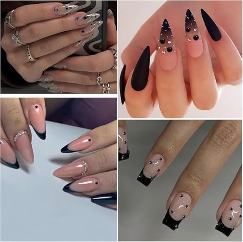 Nail Art Pearls with Rhinestones Glue Gel Flatback Pearls Nail Charms Luxurious Nails Supplies Accessories Gold Silver Gems Jewelry Pearl for Women Nails Design(Black) - color: Colorful-04