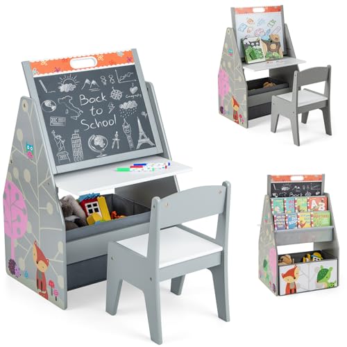 HONEY JOY Kids Art Easel, Wooden Double-Sided Toddler Table & Chair Set w/Adjustable Magnetic White Board & Chalkboard, Bookshelf & Storage Bin, Arts & Crafts, Kids Art Table for Boys Girls (Gray) - color: Gray