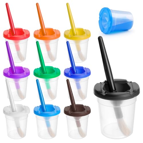 10 PCS No Spill Paint Cups with Colored Lids and Brushes for Kids, Not for Watercolor, Spill Proof Paint Brush Cleaner Cup for Painting, Arts and Crafts Supplies, for Acrylic Paint