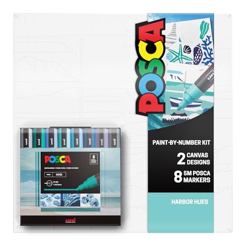 POSCA Canvas Paint by Number Kit, Harbor Hues - 8 Acrylic Markers with 2 Pre-Drawn Canvases - Gift Set for Artists, Adults and Kids - color: Harbor Hues