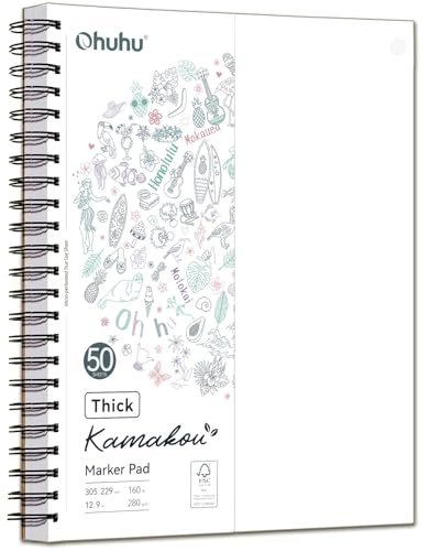 Ohuhu Double-Sided Marker Pad Art Sketchbook Bleedproof - 9"x12" Large Paper Size - 160 LB/280 GSM Heavyweight Smooth Drawing Paper - 50 Sheets/100 Pages - Spiral-Bound Sketch Book for Alcohol Markers - size: 9" x 12"