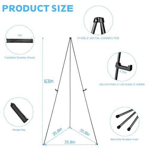 3 Pack Easel Stand for Display Wedding Sign & Poster, 63" Black Portable Metal Painting Easels Adjustable Art Easel Tripod Collapsible Floor Easel for Display Show, Arts,Crafts,Painting, - style: Black