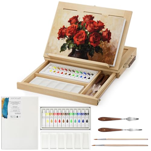 LUCYCAZ Art Easel for Painting, Tabletop Painting Easel Set for Kids, Pine-Wood Portable Easel Stand for Artists with Canvas, Acrylic Paints, Brushes, Palette and Palette Knives for Adults Beginners - style: Easel Set