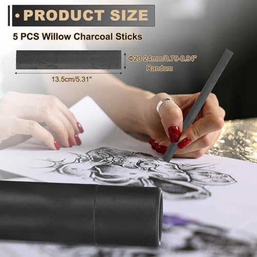 MECCANIXITY Willow Charcoal Sticks, 20-24mm Willow Charcoal Pencils Soft Sketch Vine Art Supplies Set for Drawing Sketching Shading Painting Artists Beginners (Black, Pack of 5)