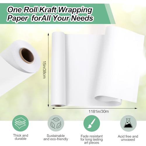 Phinus Craft Paper Roll 15''×1200'', Industrial-Grade Kraft Paper Roll, White Easel Paper Roll for Kids for Moving, Gift Wrapping, Wall Art, Table Runner, Floor Covering, Packing, Bulletin Board Paper - size: 15"×1200"