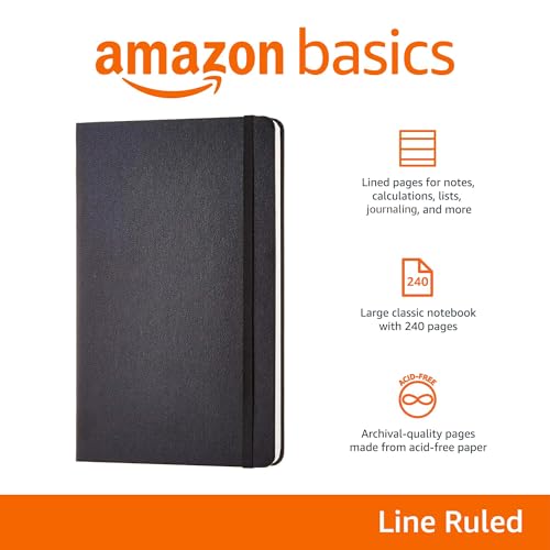 Amazon Basics Classic Lined Writing Notebook for Note Taking and Journaling, Hardcover with Elastic Closure, 240 Pages, 5" x 8.25", Black - size: 1 Pack, style: Ruled