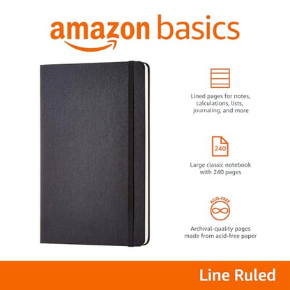 Amazon Basics Classic Lined Writing Notebook for Note Taking and Journaling, Hardcover with Elastic Closure, 240 Pages, 5" x 8.25", Black - size: 1 Pack, style: Ruled