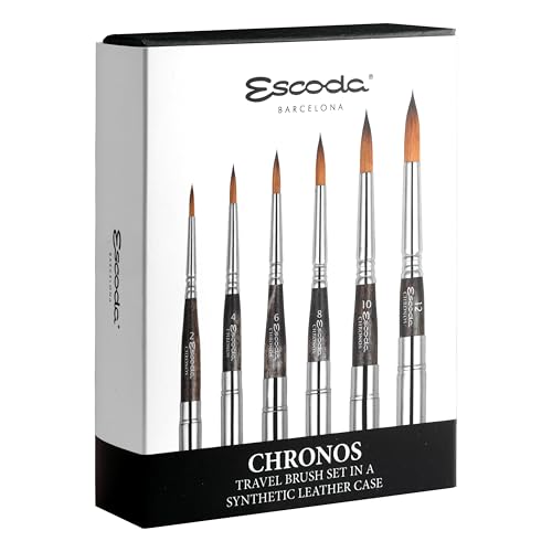 Escoda | Watercolour | Chronos Set with 6 Round Travel Brushes | Size 2,4,6,8,10,12 | Synthetic-Natural Mix (90% Synthetic - 10% Red Sable) | Toray-Mix (90% Gold Toray - 10% Red Sable) | Round pointed - color: Chronos