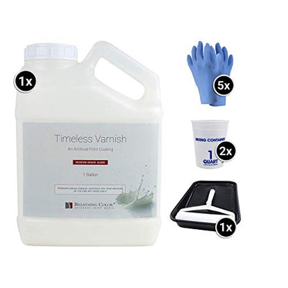 Breathing Color Timeless Archival Print Varnish Kit - 1 Gallon, Glossy Finish, Best Canvas Coating, Certified Archival Quality, Includes Foam Roller, Mixing Cups, and Gloves Bundle