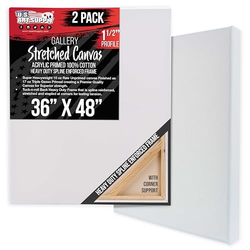 U.S. Art Supply Rectangle Stretched Canvas for Painting 36x48 inch Gallery Depth 1-1/2" Thick, 2-Pack - 17oz Acrylic Gesso Triple Primed, Professional Artist Quality, 100% Cotton - Oil, Pouring Paint