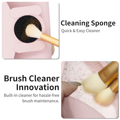 Travel Makeup Brush Holder with Cleaning Pad -Silicone Brush Organizer Case, Magnetic Closure Waterproof Cosmetic Bag for Easy Storage & On-the-Go Cleaning (9.05 Inch) - color: Pink