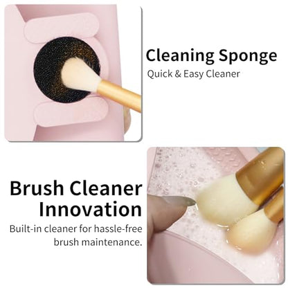 Travel Makeup Brush Holder with Cleaning Pad -Silicone Brush Organizer Case, Magnetic Closure Waterproof Cosmetic Bag for Easy Storage & On-the-Go Cleaning (9.05 Inch) - color: Pink