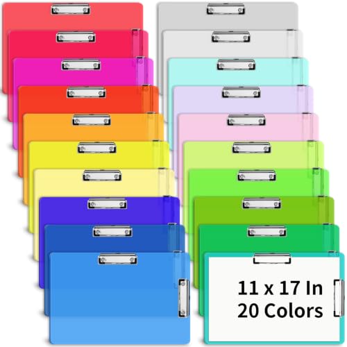 20 Pcs Extra Large 11x17 in Clipboards Bulk 20 Color Plastic Drawing Board | Horizontal Clip Board with Dual Clips, Landscape Layout for Art Sketching Tabloid Paper Classroom Office Project Organization - size: 11x17 in