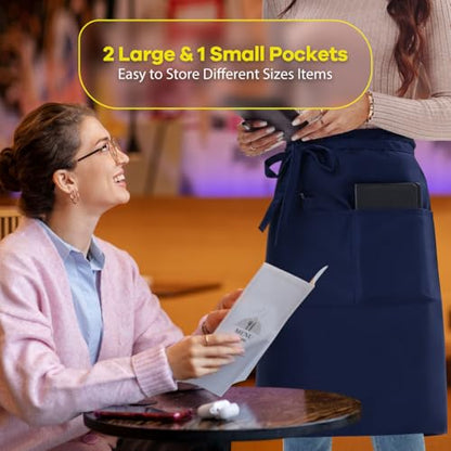 ROTANET Long Server Apron Black with 3 Pockets Bistro Half Aprons for Men Women Waiter Waitress Chef 28 Inch Waterproof - color: Navy Blue