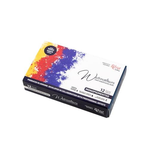 ROSA Gallery Monopigmented Professional Watercolor Paint Set, 12 Water Colors of 2.5 ml, High Lightfastness Paints Kit for Artists, Adult, Lightweight and Portable Metal Case - color: Мonopigmented