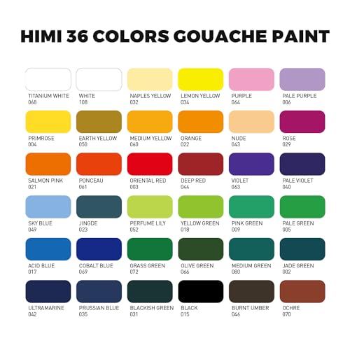 Artme HIMI Gouache Paint Set, 36 Colors x 12ml Twin Jelly Cup Design with 3 Paint Brushes and a Palette in a Carrying Case Perfect for Artists, Students, Gouache Opaque Watercolor Painting
