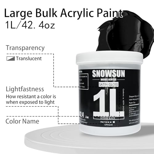 SNOWSUN Charcoal Black Acrylic Paint, Basics Large Bulk Acrylic Paints (1000ml/42.4 oz) Gloss Non-Toxic Heavy Body Paints - Thick Art Paints for Multi-Surface Canvas Wood Ceramic Fabric Wall- Ideal for Artists & Beginners - color: carbon black