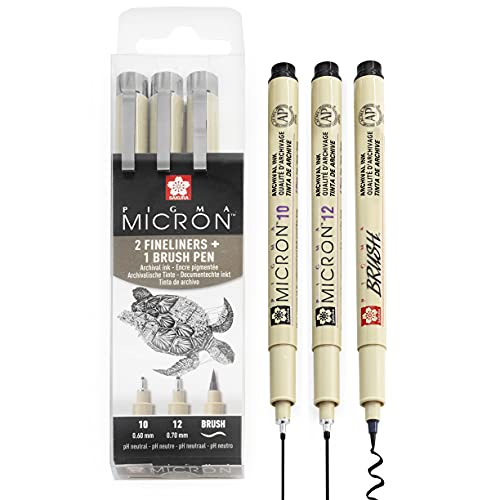 Sakura Pigma Micron - Pigment Fineliner Pens - 10/12/Brush - Wallet of 3 - Black Ink