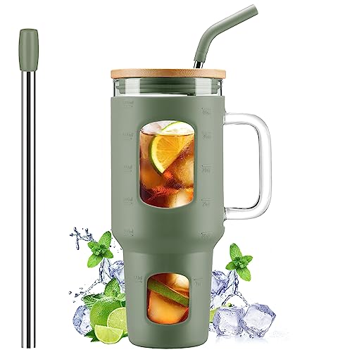 WINSA Glass Tumbler with Straw and Lid, 40 oz glass cup with handle, Glass Water Bottles with Time Marker, Silicone Protective Sleeve-Olive - color: Olive, size: 40 Ounces