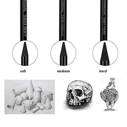 Pssopp 3Pcs Woodless Charcoals Pencils, Charcoal Drawing Bar Sticks Sketch Pencils Artist Art Drawing Sketching Painting Tools Stationery For Students Adults Artist and Beginner