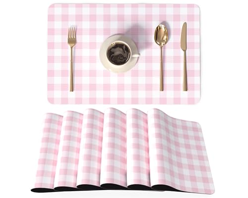 QiyI Placemats Set of 6, 12x18 Inch Faux Leather Place Mats for Kitchen Dinning, Heat Resistant Anti Slip Grid Table Mats, Waterproof Wipeable Washable Placemat Party Table Décor, Pink Gingham Check - color: Pink Gingham Check, size: Set of 6