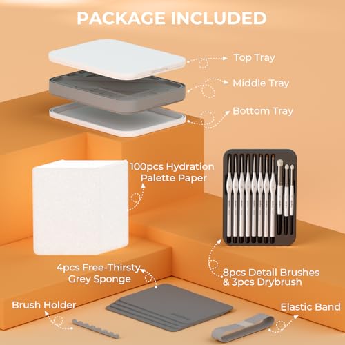 Nicpro Miniature Painting Kit with Wet Palette & 11PCS Detail Paint Brushes Drybrush, 100PCS Wet Pallet Paper, 4PCS Sponge, Brush Holder Mixing Paint Saver Palette for Miniature Model Painting - color: White