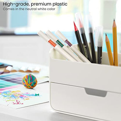ARTEZA Small Desk Organizer with Drawer – Portable White Caddy with Pen Holder, Lightweight Office Supply Storage for Desk, Classroom, or Dorm - style: 4-Compartment & 1 Drawer