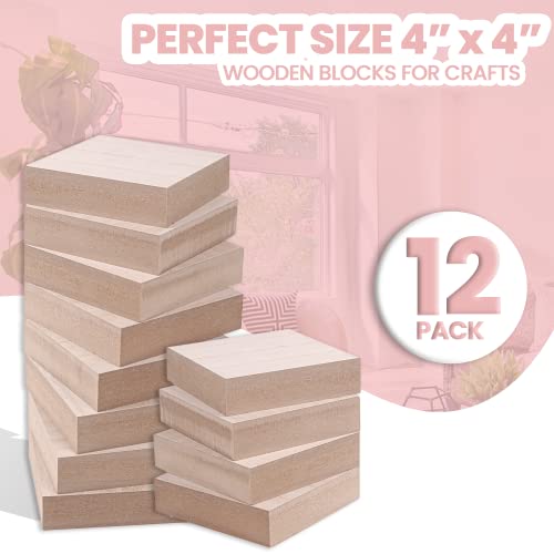 (12-Pack) - 4” x 4” Wooden Blocks for Crafts - 1-Inch Thick Square MDF Blocks - Smooth Surface with Wood Grain Pattern - Highly Customizable Blank Wood Squares - size: 4 x 4 x 1" (12 Pack)