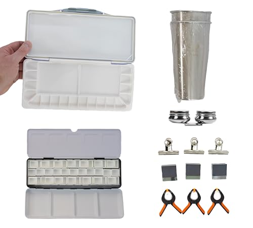 Plein Air Painting Accessory Set | 2 Watercolor Palettes | Water Cups (650 ml Stainles Steel) | Oil Cup | 9 Clips | for Plein Air Watercolor Painting | Expand Pleinly Wet Panel Carrier - color: Plein Air Accessory Set, Blue / Silver