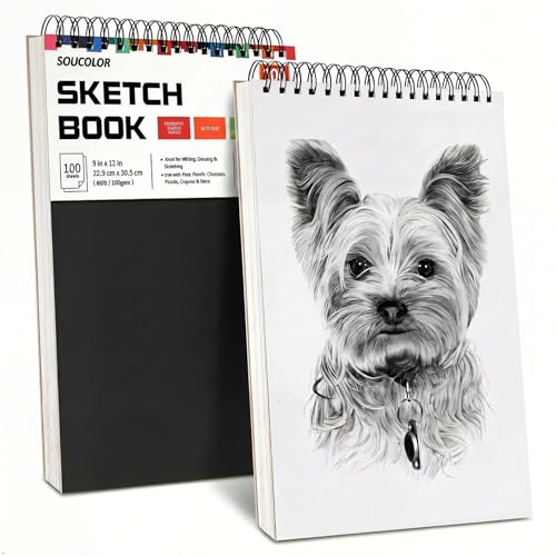 Professional Drawing Supplies for Sketch, Charcoal, Colored, Graphite, Pastel Pencils & Sticks. Soucolor 2-Pack 9" x 12" Sketch Book, 200 Sheets Spiral Bound 68lb/100gsm Paper for Kids Adults Artists | 68lb acid-free paper, no bleed-through,lay-flat spira