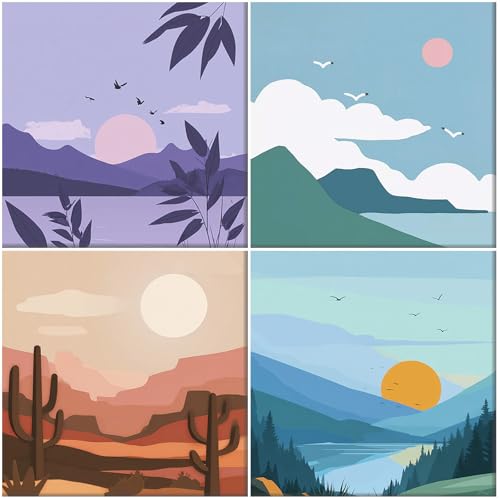 MAXBYE 4 Pack Paint by Number for Kids on Pre Drawn Canvas Boards, Landscape Color by Number Kids 8-12 with Brushes, DIY Easy Acrylic Oil Painting Arts and Crafts for Home Wall Decor 8x8 in - color: BK4ZH057