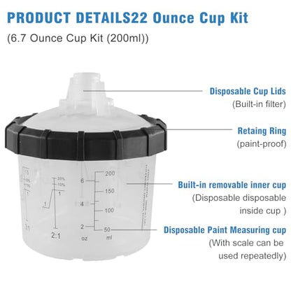 Disposable Paint Spray Gun Cup 50 Pack 6.7 Ounce(200ML) Disposable Mixing Cups for Automotive Spray Gun with 50 Liners and Lids System, with Retainer Ring, 10 Plugs, 2 Adapters for Paint Gun - size: 6.7 Ounce- 50pack