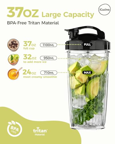 ICUCINA Replacement Blender Cups, Compatible with NutriBullet 600W/Pro 900W/Pro+, 37oz BPA-Free Tritan Smoothie Cups with Flip-Top To-Go Lids, 2-Pack Blender Accessories, Dishwasher Safe - size: 37 ounces