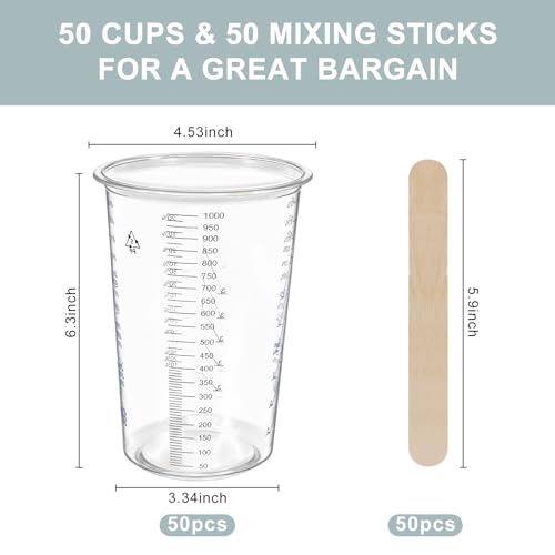 50-Pack Mixing Cups Set Paint Mixing Cups 32 oz (1000ml) with 50 Wooden Sticks,Easy Measuring Ratios 2:1, 3:1, 4:4,Ideal for Epoxy Resin, Paint, and More - size: 50P-32OZ
