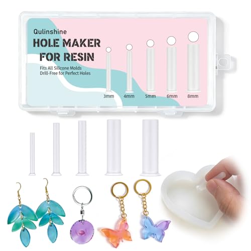 30 Pcs Hole Makers for Resin with 5 Sizes (3/4/5/6/8mm), Efficient Hole-Maker for Epoxy UV Resin, Drill-Free Silicone Tools for Jewelry Making, Pet Tag, Keychain, DIY Craft, Fits All Silicone Molds