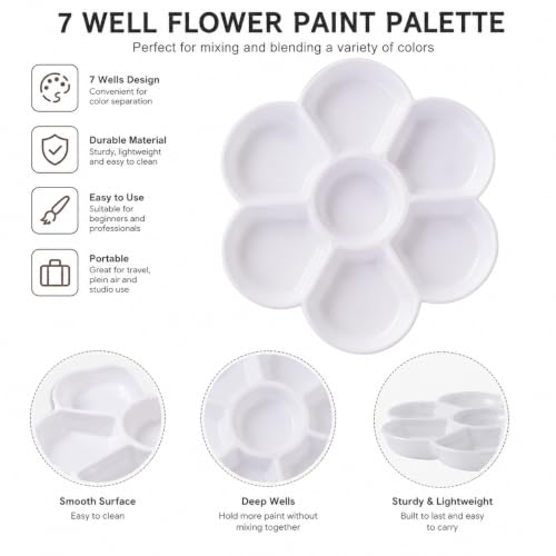 7 Well Flower Paint Palette,Watercolor Paint Palette,Gouache Palette,Paint Mixing Palette for Watercolor Painting Palette Acrylic Painting for Studio, Plein Air and Travel Painting, White