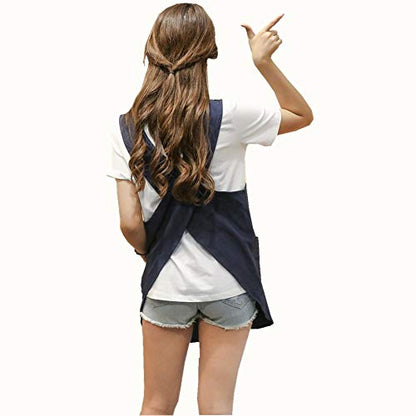 Shortened Design Apron, Japanese Style Soft Cotton Linen Apron with Two Side Pockets, X Cross Halter Aprons, Kitchen Cooking Clothes Gift for Women DIY Project, Crafting, Cooking, Baking(Navy Blue) - color: Navy Blue, style: 1# Style-rounded Edge