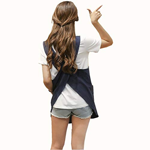 Shortened Design Apron, Japanese Style Soft Cotton Linen Apron with Two Side Pockets, X Cross Halter Aprons, Kitchen Cooking Clothes Gift for Women DIY Project, Crafting, Cooking, Baking(Navy Blue) - color: Navy Blue, style: 1# Style-rounded Edge