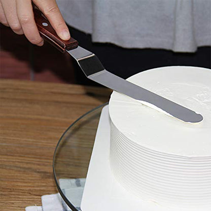 4 Packs Offset Spatula, Stainless Steel Cake Icing Spatula Set 4” 6” 8” 10”with Wooden Handle and 3 Packs Cake Smoother Scraper Set for Cake Decorating, Baking (Angled)