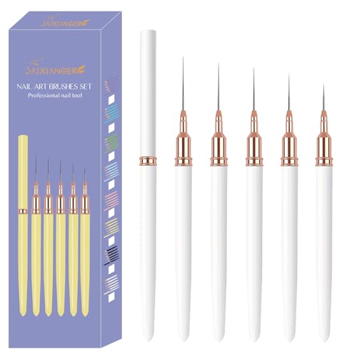 5PCS Liner Brushes for Nails, Nail Art Liner Brushes Set, 6/9/12/15/18mm Thin Detail Brush for Long Lines & Fine Drawing, UV Gel Polish Painting Nail Design Tools- White - color: White