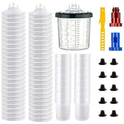 Disposable Paint Spray Gun Cup 50 Pack 22 Ounce(650ML) Disposable Mixing Cups for Automotive Spray Gun with 50 Liners and Lids System, with Retainer Ring, 2 Adapters for Paint Gun (22 Ounce- 50pack) - size: 22 Ounce- 50pack