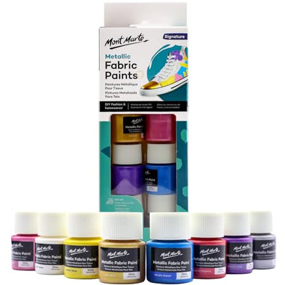 Mont Marte Permanent Fabric Paint Set 8 x 20ml Metallic Colours for Textile, Fabric, T-Shirt, Canvas, Wood, Ceramic, Glass - color: Metallic