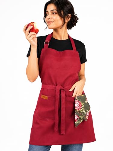 100% Cotton Kitchen Apron with 2 Pockets – Adjustable Chef Apron for Cooking Baking BBQ – Unisex Apron - color: Red, size: Standard