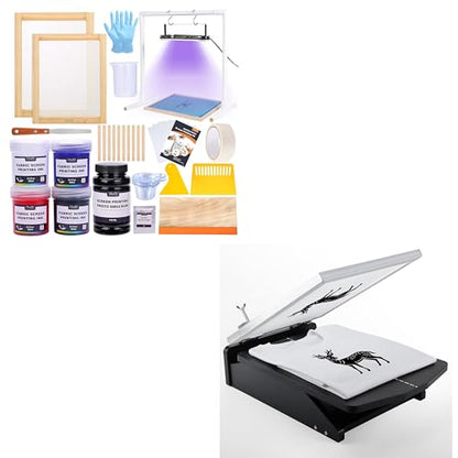 Caydo 46 Pieces Screen Printing Kit with 4 Color Screen Printing Ink, 2 Size Screen Printing Frame and Squeegees for Screen Printing with 15.7x12.2inch Screen Printing Press, Unique Hinge Design