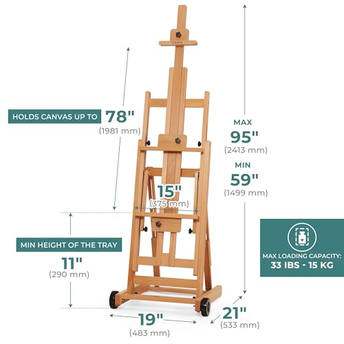 VISWIN Studio H-Frame Easel, Tilting Flat & Adjustable Beech Wood Art Easel for Painting, Movable Large Easel Stand for Adults, Artists, Hold 1 or 2 Canvas up to 78" - Natural - color: Natural