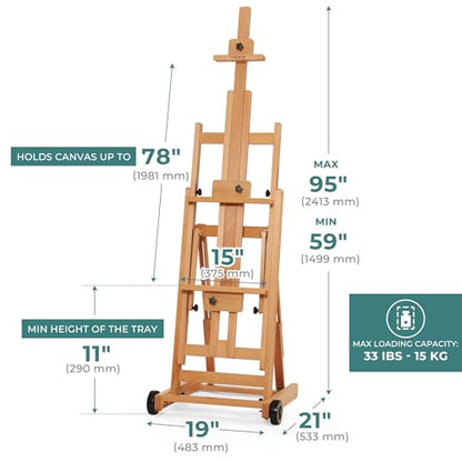 VISWIN Studio H-Frame Easel, Tilting Flat & Adjustable Beech Wood Art Easel for Painting, Movable Large Easel Stand for Adults, Artists, Hold 1 or 2 Canvas up to 78" - Natural - color: Natural