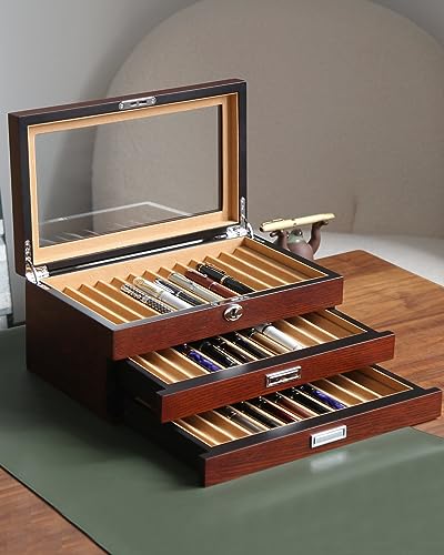 Pen Display Case with 36 Pen Slots, Fountain Pen Case, Wood Pen Storage Organizer, Pen Box Display for Men Gift, Pen Display Box with Glass Window(Brown ash Veneer Finish, Camel Velvet) - color: Brown 36 Slots, Camel Velvet